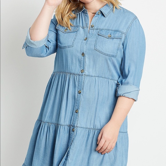 Plus Sz 0x Chambray Button Up Babydoll Dress - Picture 5 of 12